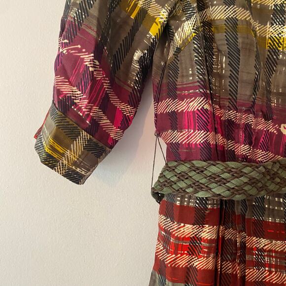 Trina Turk Red Brown Plaid Silk Knee Length Dress Button Down Belted 6 / Medium - Picture 4 of 11